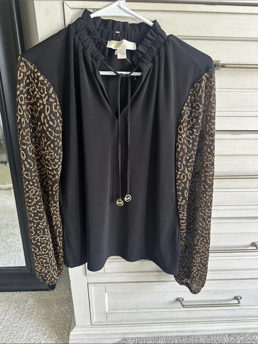 Michael Kors Black Blouse with Gold Charm Tie and Patterned Sleeves - Medium